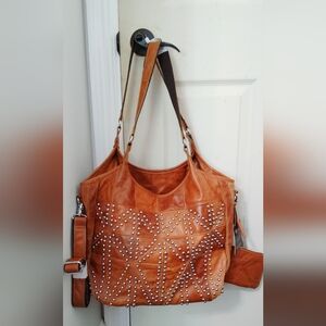 AmeriLeather Studded Tan Leather Tote Bag